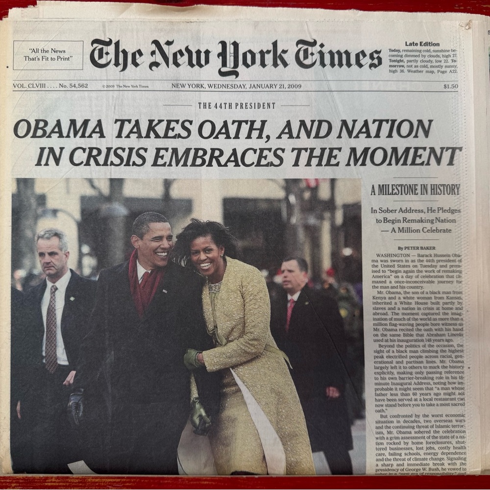 New York Times Historic Newspaper Cover - Obama takes Oath.